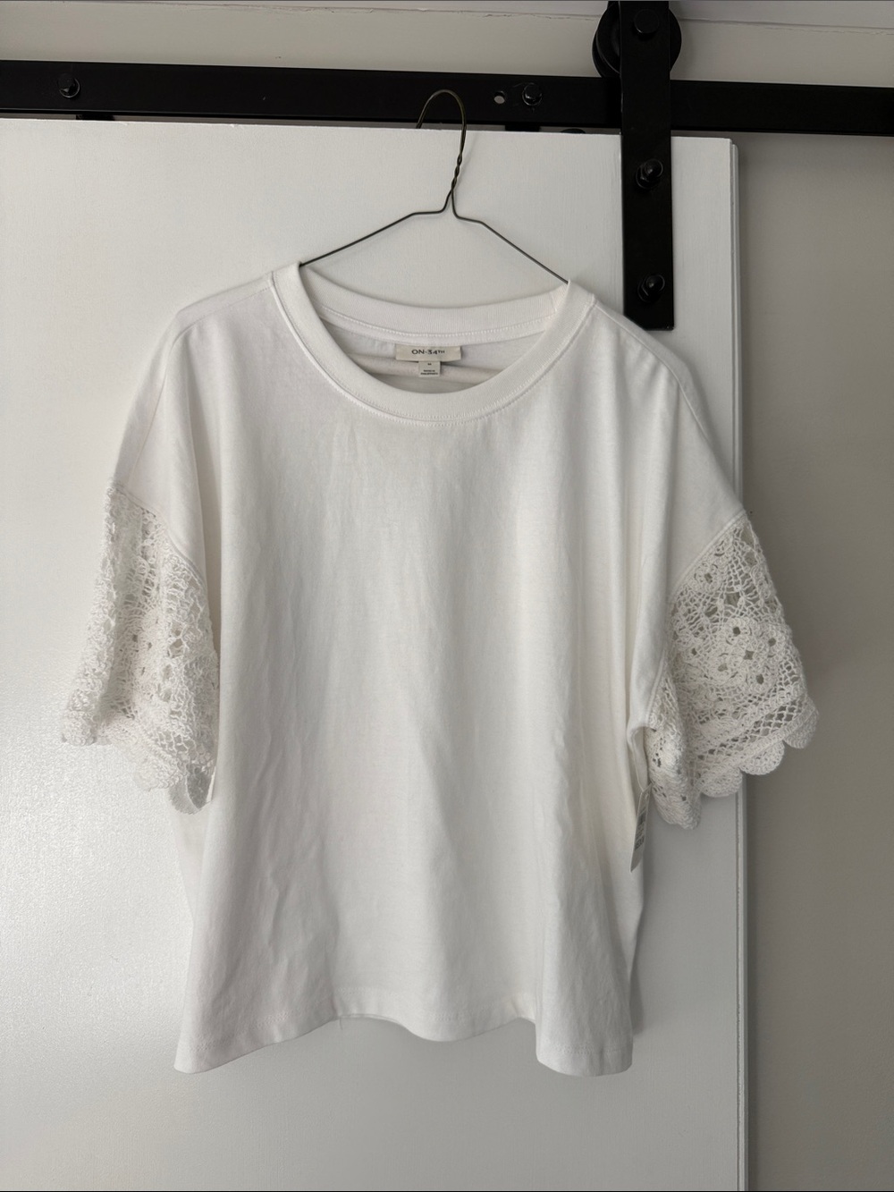 White Cotton Tee with Crochet Lace Sleeves